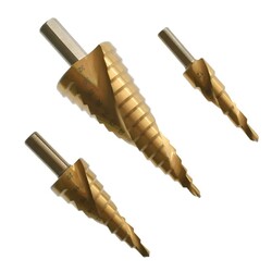 3PCS Step Drill Bit Set with Titanium Coated Double Cutting Blades Spiral Pagoda Drill Reaming Step Cone Drill for Metal 3PCS Step Drill Bit Set with Titanium Coated Double Cutting Blades Spiral Pagoda Drill Reaming Step Cone Drill for Metal