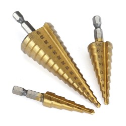 3 Piece  Titanium Coated Step Drill Bit Set 4-12mm 4-20mm 4-32mm Straight Slot  Perfect Plastic Hole Cutting Tool Core Cone Drilling Tool Set 3 Piece  Titanium Coated Step Drill Bit Set 4-12mm 4-20mm 4-32mm Straight Slot  Perfect Plastic Hole Cutting Tool Core Cone Drilling Tool Set