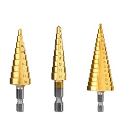 3 Piece  Titanium Coated Step Drill Bit Set 4-12mm 4-20mm 4-32mm Straight Slot  Perfect Plastic Hole Cutting Tool Core Cone Drilling Tool Set 3 Piece  Titanium Coated Step Drill Bit Set 4-12mm 4-20mm 4-32mm Straight Slot  Perfect Plastic Hole Cutting Tool Core Cone Drilling Tool Set