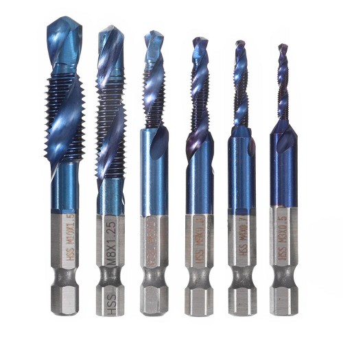 Socoje 6pcs M3-M10 Combination Drill Tap Bit Set  6542 Blue Nano Coated Deburr Countersink Drill Bits