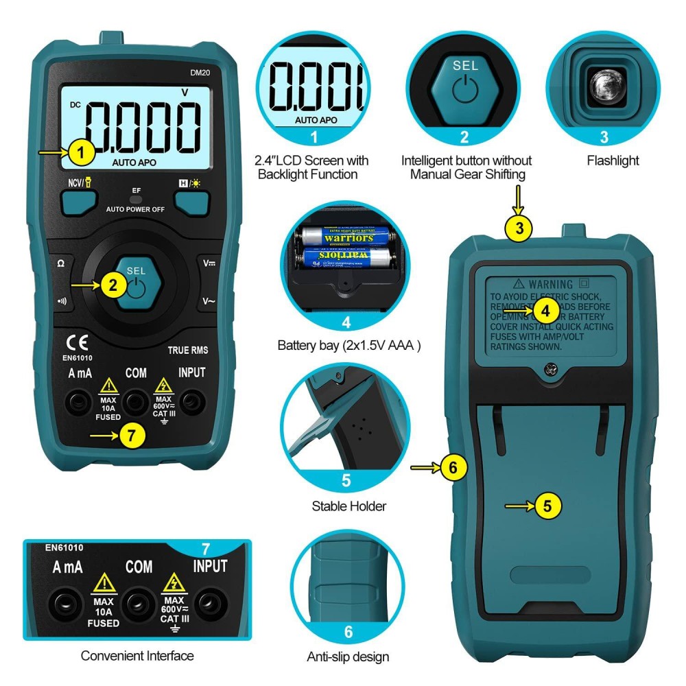 DM20 Digital Multimeter Auto-Ranging 6000 Counts