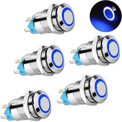 SOCOJE 12V DC 5A Latching Push Button Switch With Blue LED For Devices 12mm Mounting Hole 5Pcs
