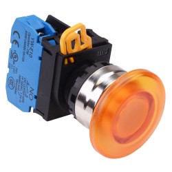 Amber 24V illuminated 22mm Metal Bezel Mushroom Maintained Push Button Switch NO IP65 YW4L-A4E10Q4A