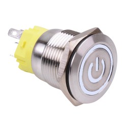 White LED On-On Latching 19mm Vandal Push Button Switch SPDT Power Symbol