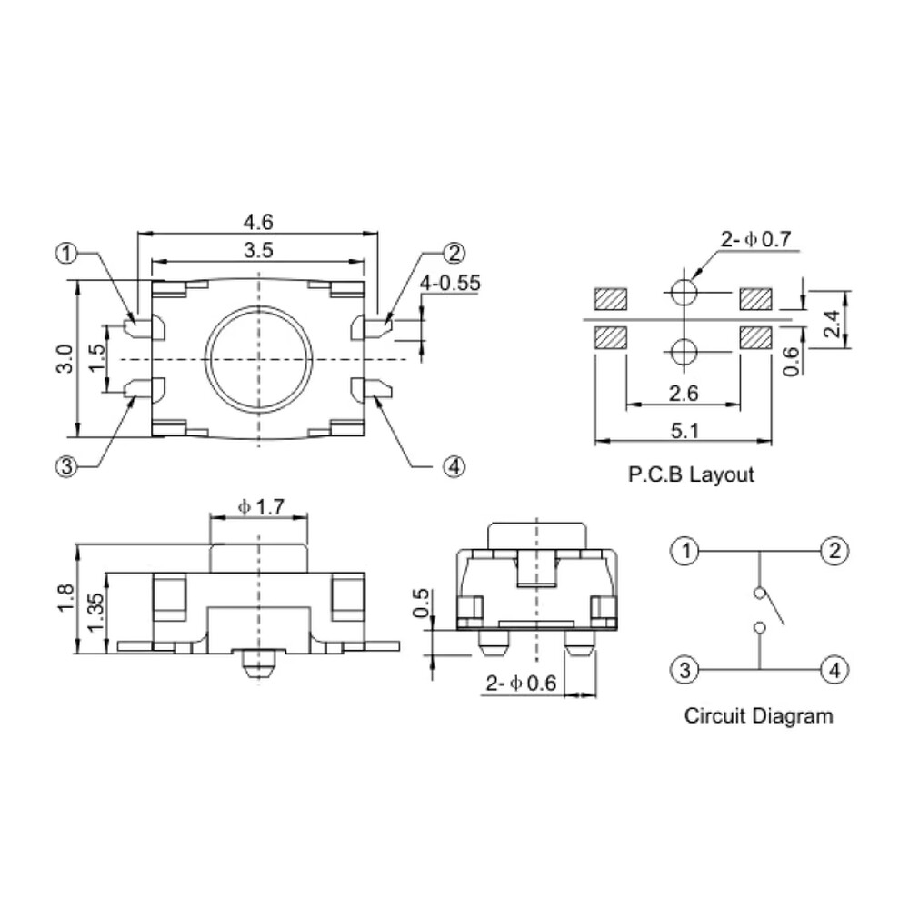 3*4*2.0/2.5MM Micro switch buttons 4Pin Tactile switches
