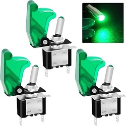 3Pcs Illuminated Toggle Switches 12V 20A SPST ON/OFF Green LED Illuminated 3Pin With Green Waterproof Safety Cover