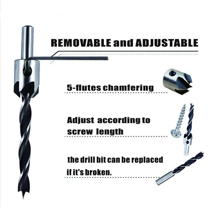 7PCS Round Shank 5 Flute Wood Countersink Drill Bit Set for Wood Screw