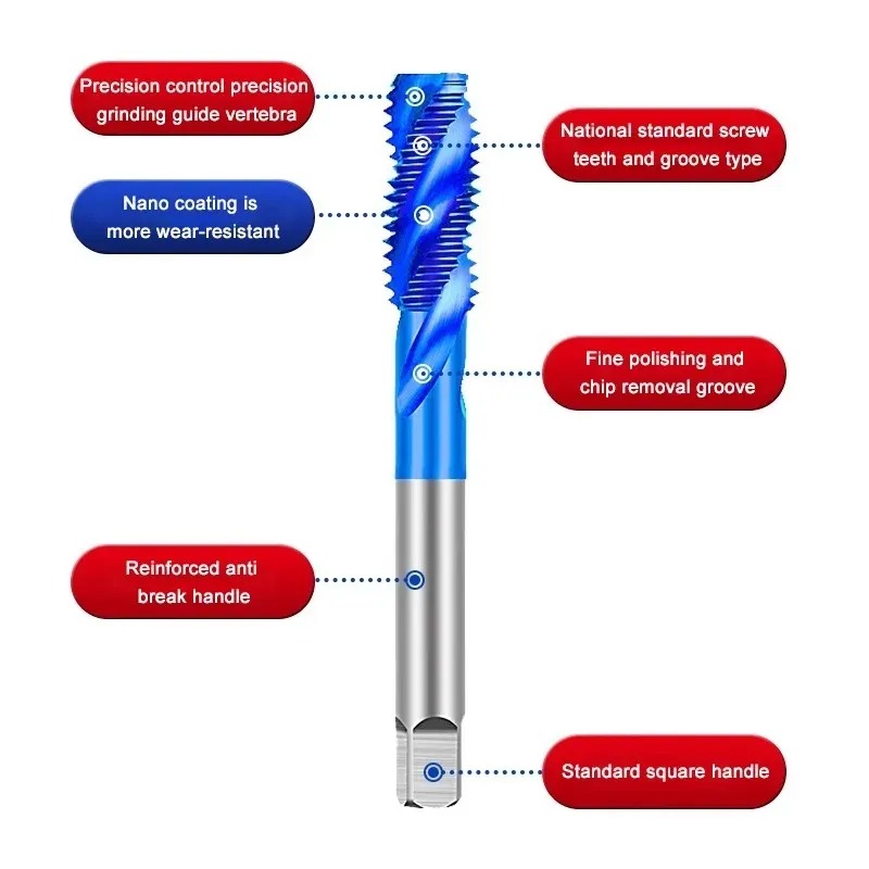 Straight Spiral Flute Taps HSS M35 Cobalt Containing Tip Taps M2-M20 Blue Nano Machine Taps for Stainless Steel