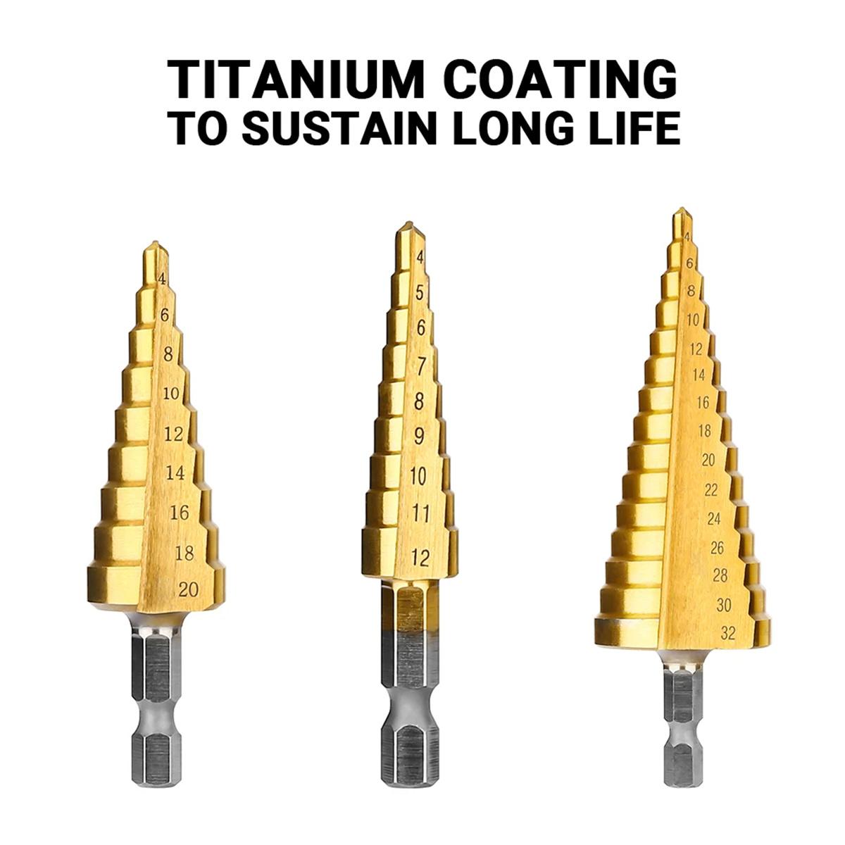 3 Piece  Titanium Coated Step Drill Bit Set 4-12mm 4-20mm 4-32mm Straight Slot  Perfect Plastic Hole Cutting Tool Core Cone Drilling Tool Set