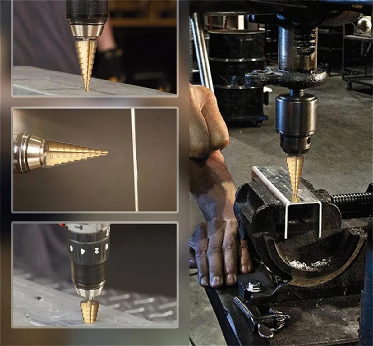 3 Piece  Titanium Coated Step Drill Bit Set 4-12mm 4-20mm 4-32mm Straight Slot  Perfect Plastic Hole Cutting Tool Core Cone Drilling Tool Set