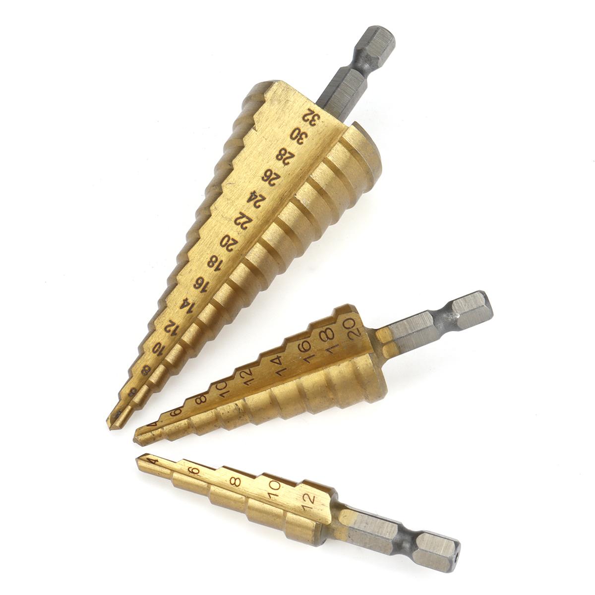 3 Piece  Titanium Coated Step Drill Bit Set 4-12mm 4-20mm 4-32mm Straight Slot  Perfect Plastic Hole Cutting Tool Core Cone Drilling Tool Set