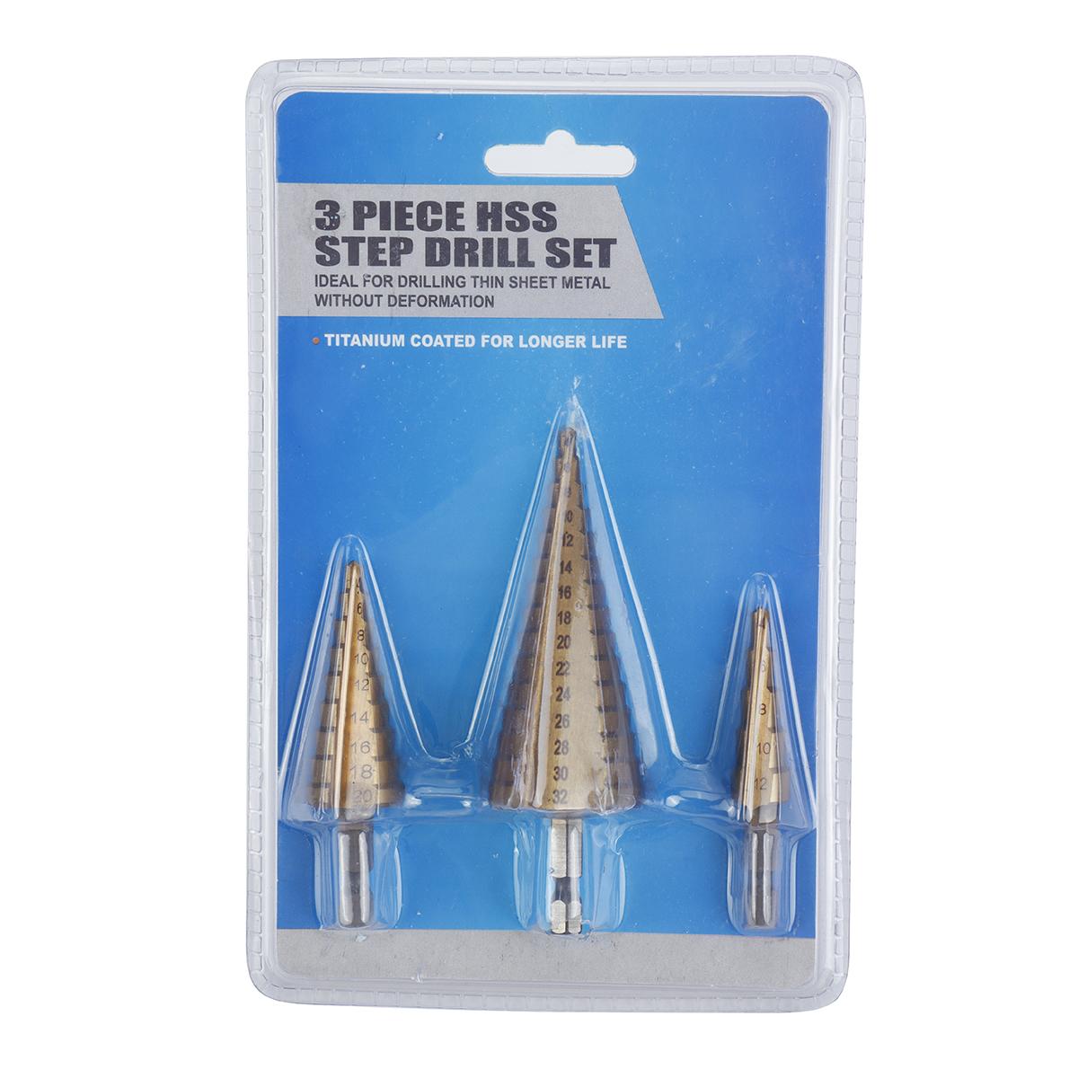 3 Piece  Titanium Coated Step Drill Bit Set 4-12mm 4-20mm 4-32mm Straight Slot  Perfect Plastic Hole Cutting Tool Core Cone Drilling Tool Set