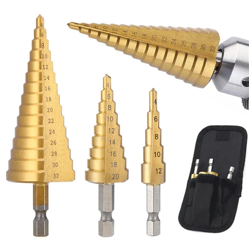 3PCS  Steel Drill Bits 4-12mm 4-20mm 4-32mm Titanium Coated for Heat Reduction Perfect
