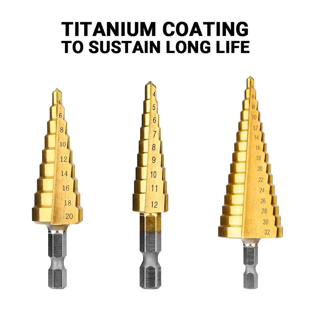 3PCS  Steel Drill Bits 4-12mm 4-20mm 4-32mm Titanium Coated for Heat Reduction Perfect