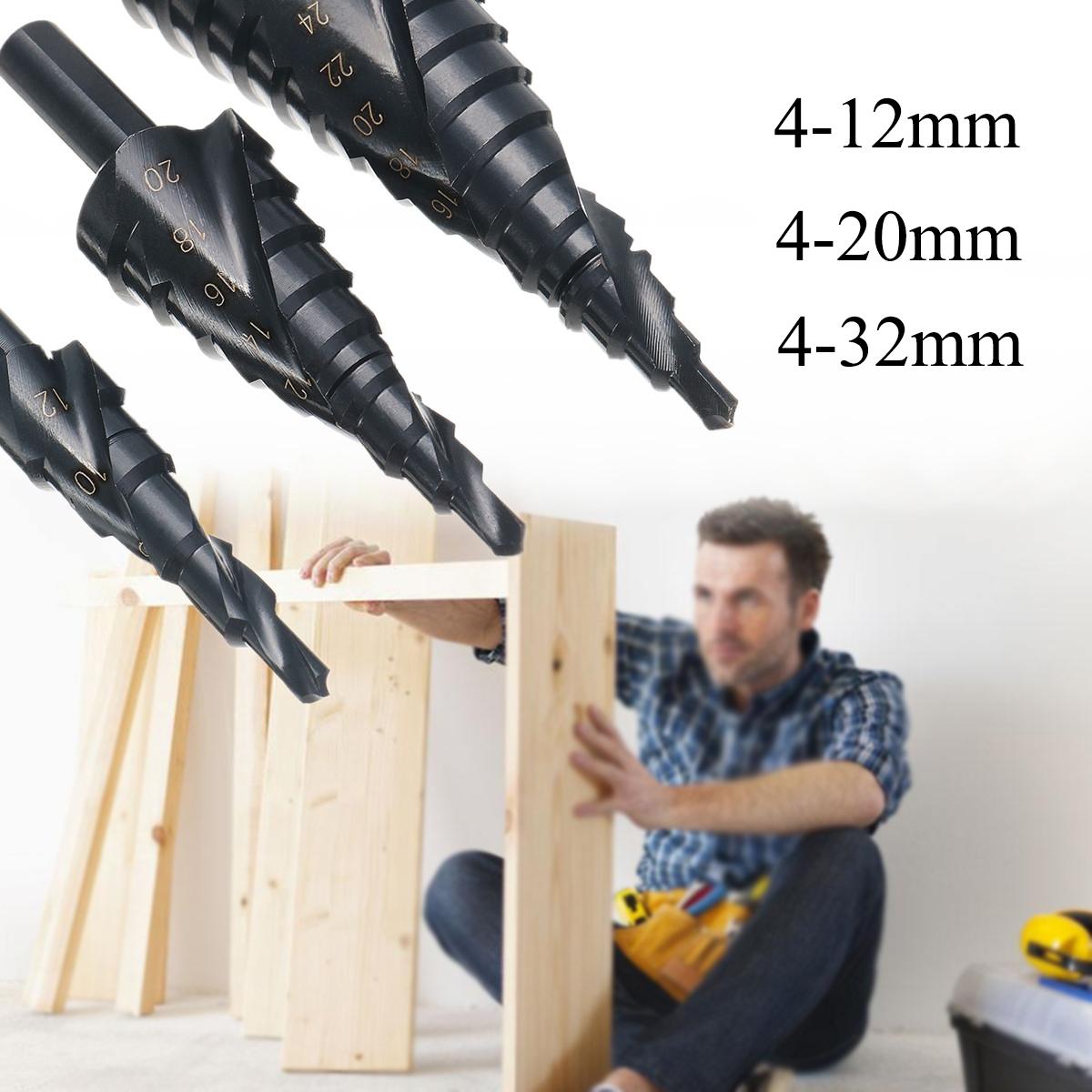 3pcs 4-12/20/32mm  Step Drill Bits Set Spiral Grooved Hole Cutter