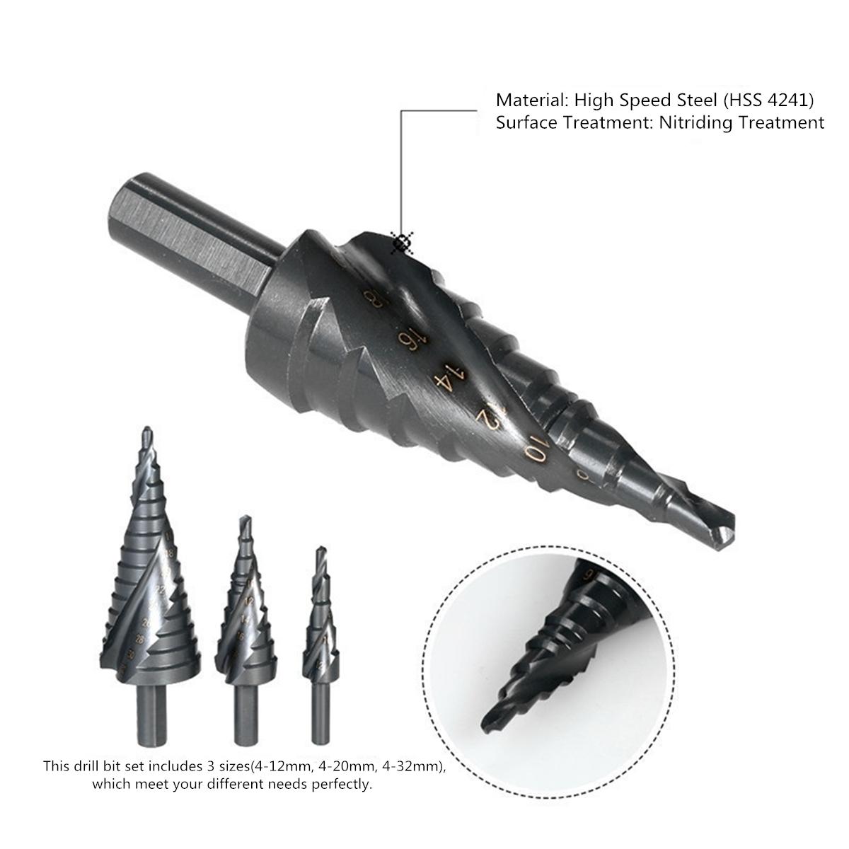 3pcs 4-12/20/32mm  Step Drill Bits Set Spiral Grooved Hole Cutter