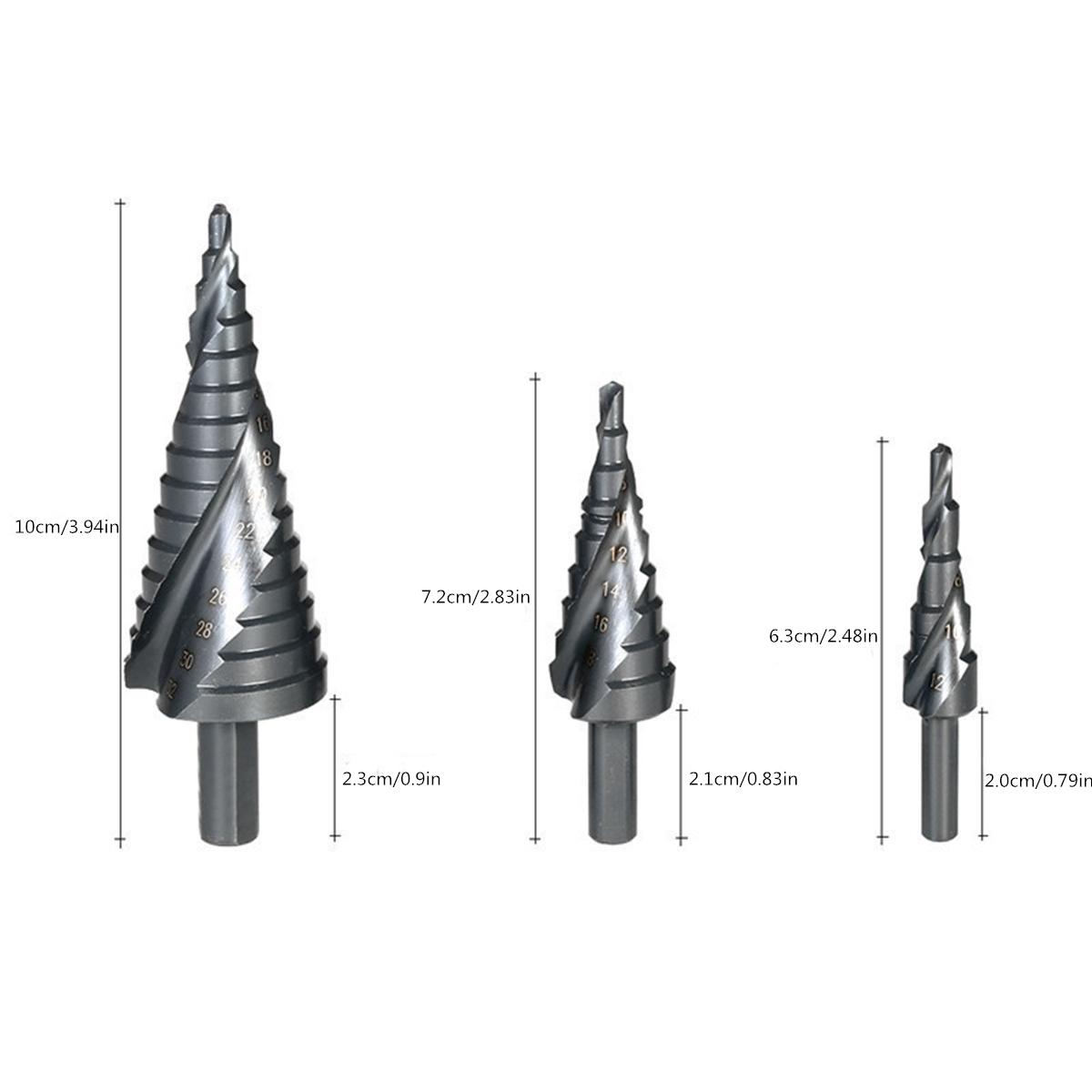3pcs 4-12/20/32mm  Step Drill Bits Set Spiral Grooved Hole Cutter