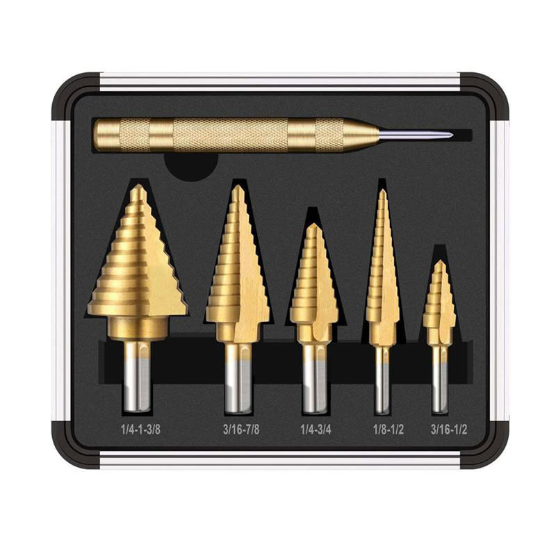 Socoje 6PCS Premium Titanium-Coated  4241 Step Drill Bit Set by Pro-Drills Variety Pack (1/8 to 1-3/8) High-Speed Steel Center Punched Design