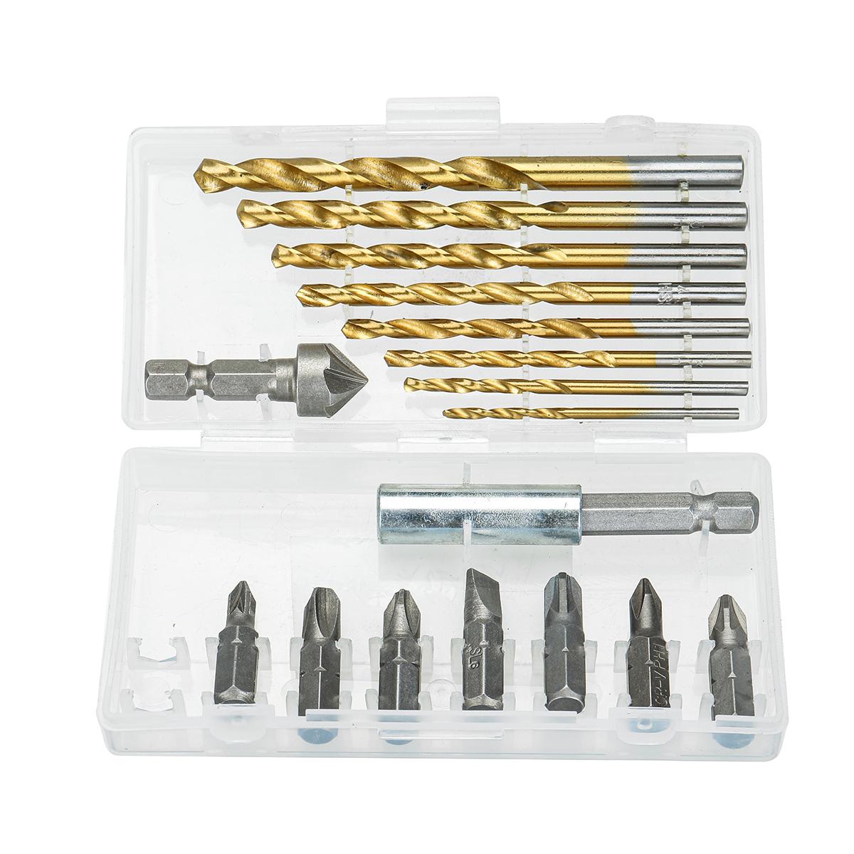 18PCS Drill Bit Set Phillips Pozidriv Slotted Bits  Twist Drill and Countersink Bit with 60mm Extension Rod with Plastic Storage Box