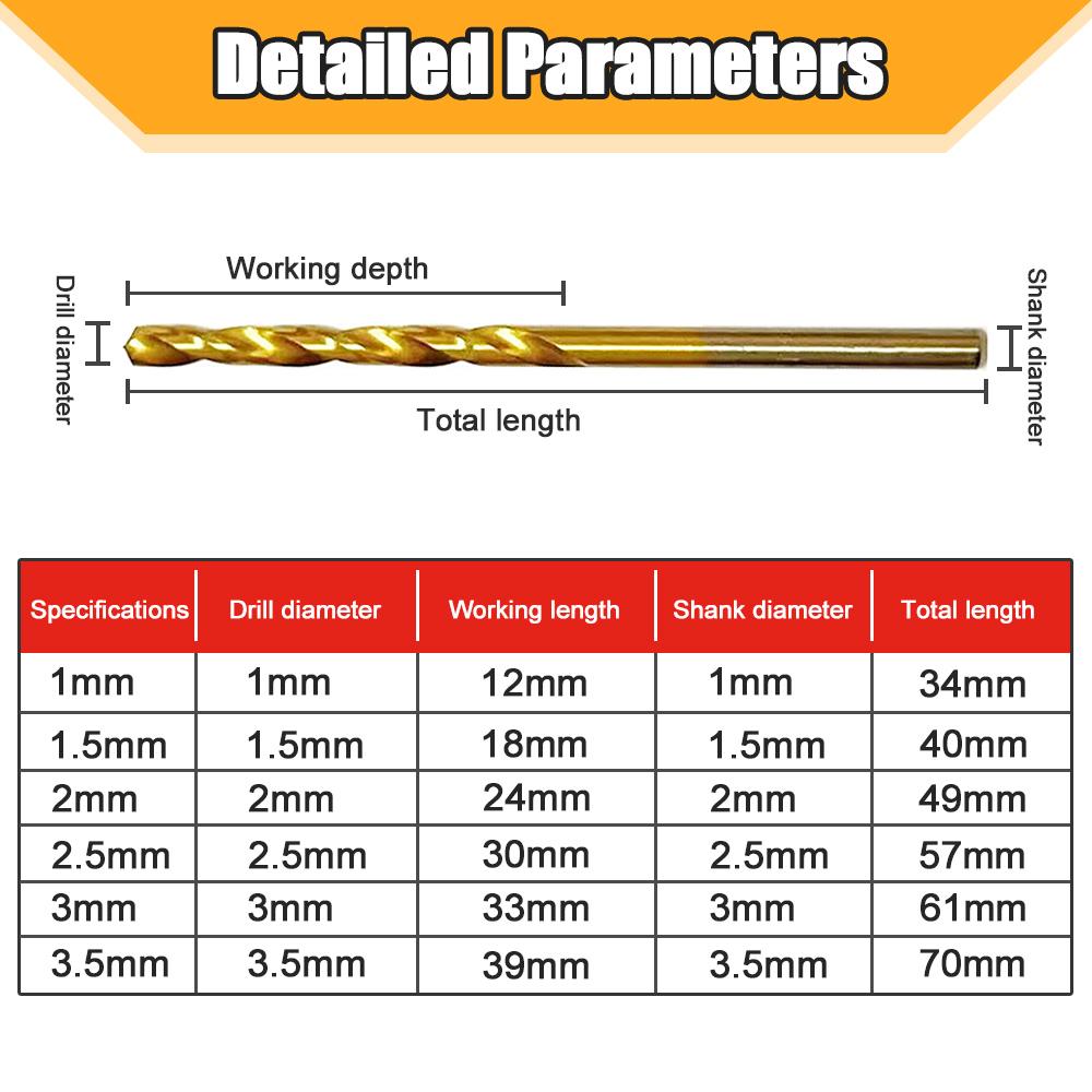 60PCS 1/1.5/2/2.5/3/3.5mm High Speed Steel Twist Drill Bit Professional Titanium Coated Drill Bit Tools Quality Power Tools