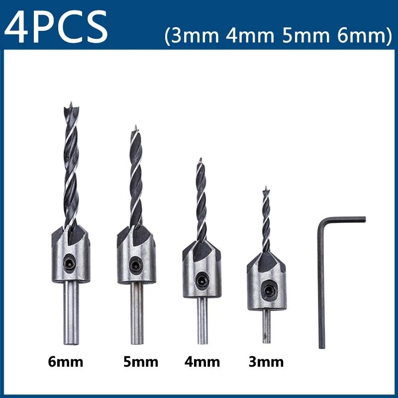 4pcs 3mm-6mm  Countersink Drill Bit Set Reamer Woodworking Chamfer Drill Counterbore Pliot Hole Cutter Screw Hole Drill