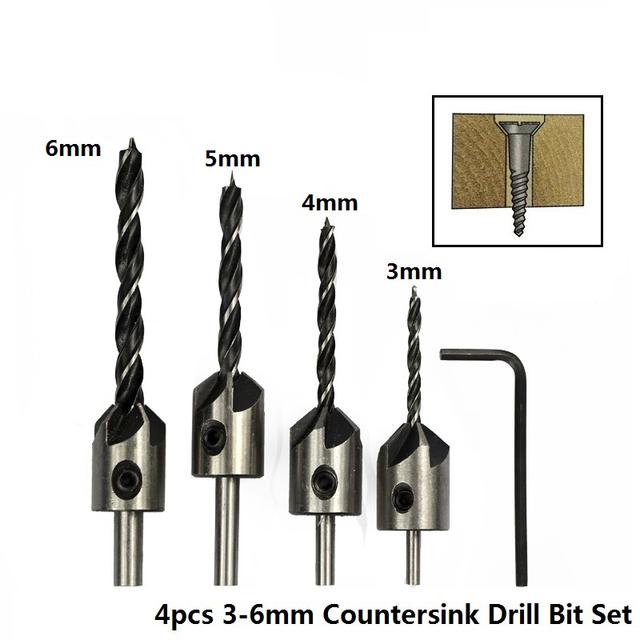 4pcs 3mm-6mm  Countersink Drill Bit Set Reamer Woodworking Chamfer Drill Counterbore Pliot Hole Cutter Screw Hole Drill