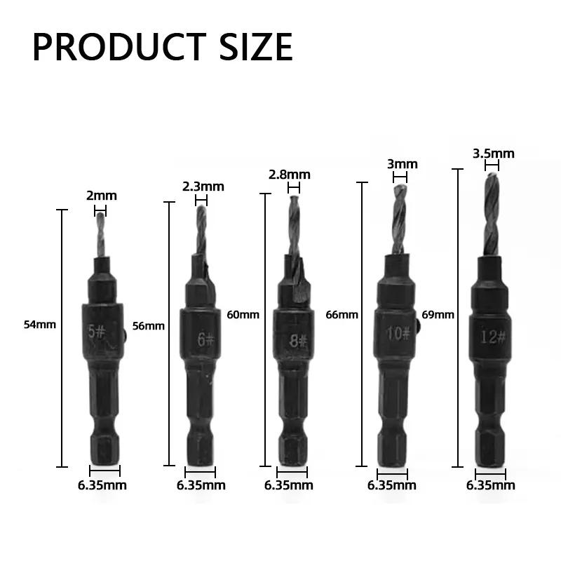 5PCS Countersink Drill Bit Set +1PC Wrench Wood Tools Carpentry Woodworking Drill Bit Pilot Holes Hex Shank Screw Size #5 #6 #8 #10 #12