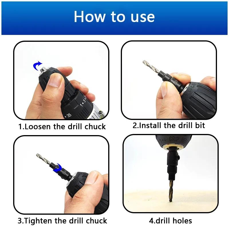 5PCS Countersink Drill Bit Set +1PC Wrench Wood Tools Carpentry Woodworking Drill Bit Pilot Holes Hex Shank Screw Size #5 #6 #8 #10 #12