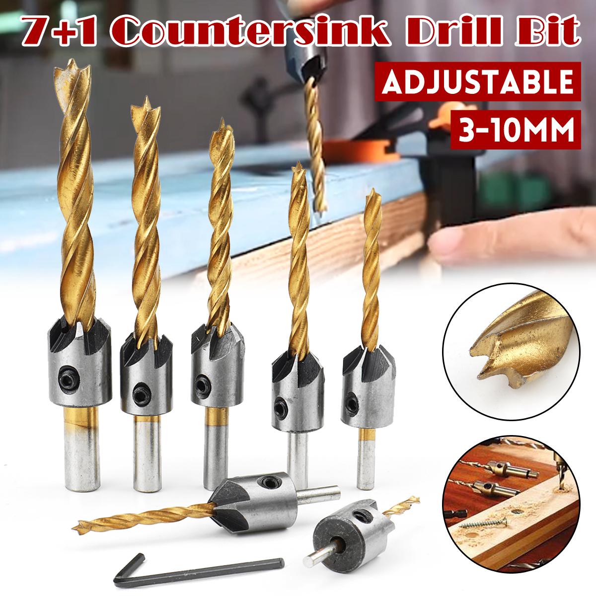 7/8Pcs 3-10mm Round Shank Titanium Coated Countersink Drill Bit Set Replacement Three Point Drill Set Carpentry Boring Tool Woodworking Tool
