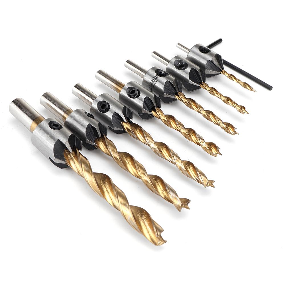 7/8Pcs 3-10mm Round Shank Titanium Coated Countersink Drill Bit Set Replacement Three Point Drill Set Carpentry Boring Tool Woodworking Tool
