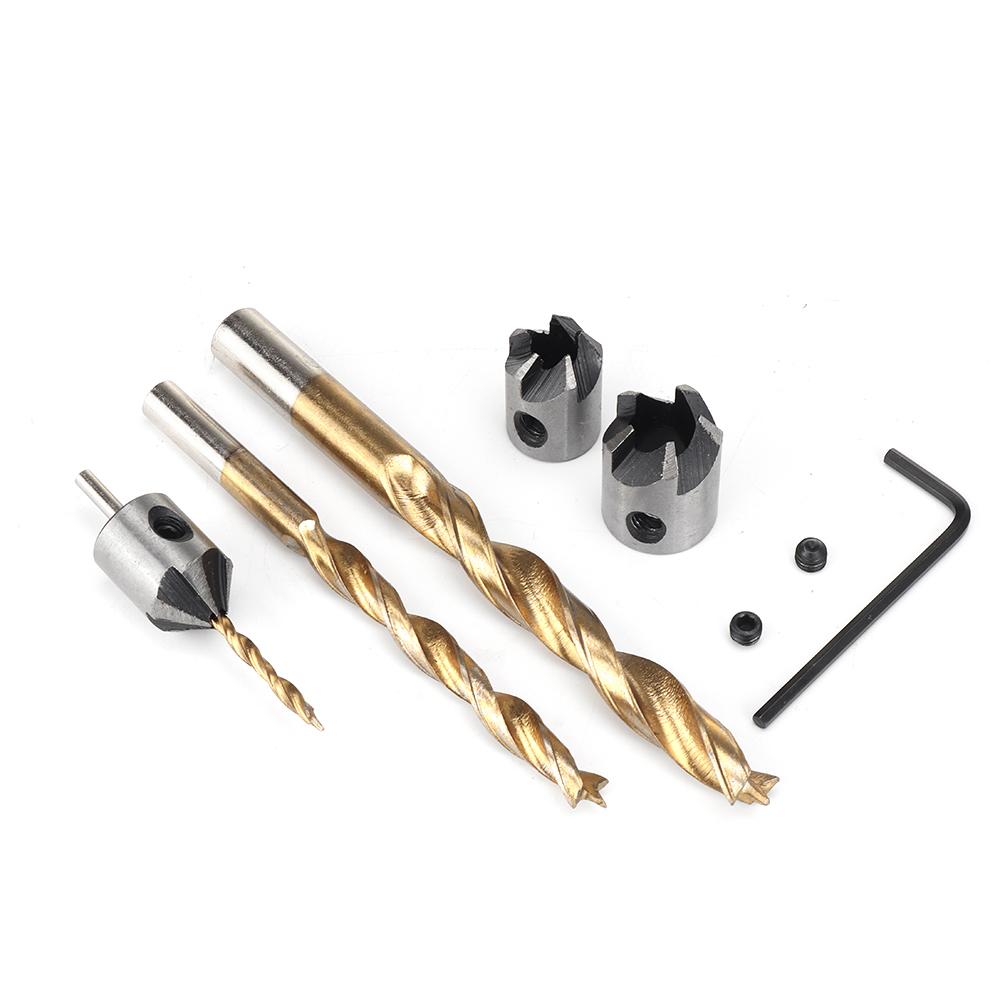 7/8Pcs 3-10mm Round Shank Titanium Coated Countersink Drill Bit Set Replacement Three Point Drill Set Carpentry Boring Tool Woodworking Tool