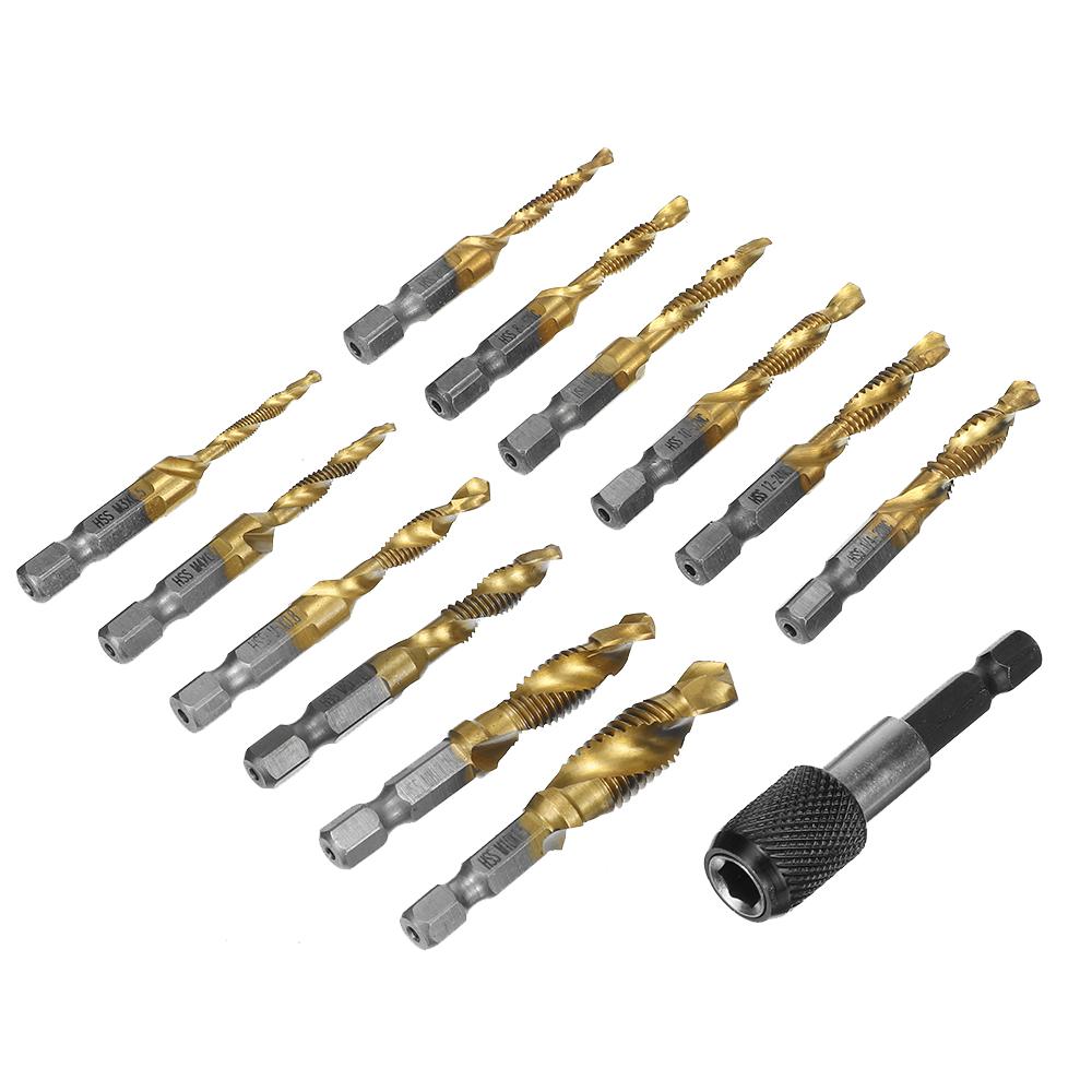 Socoje 13pcs M3-M10 Metric Screw Thread Tap Drill Bits Set Hex Shank Drill Bit Screw Compound Tap Hand Tools with Joint Rod