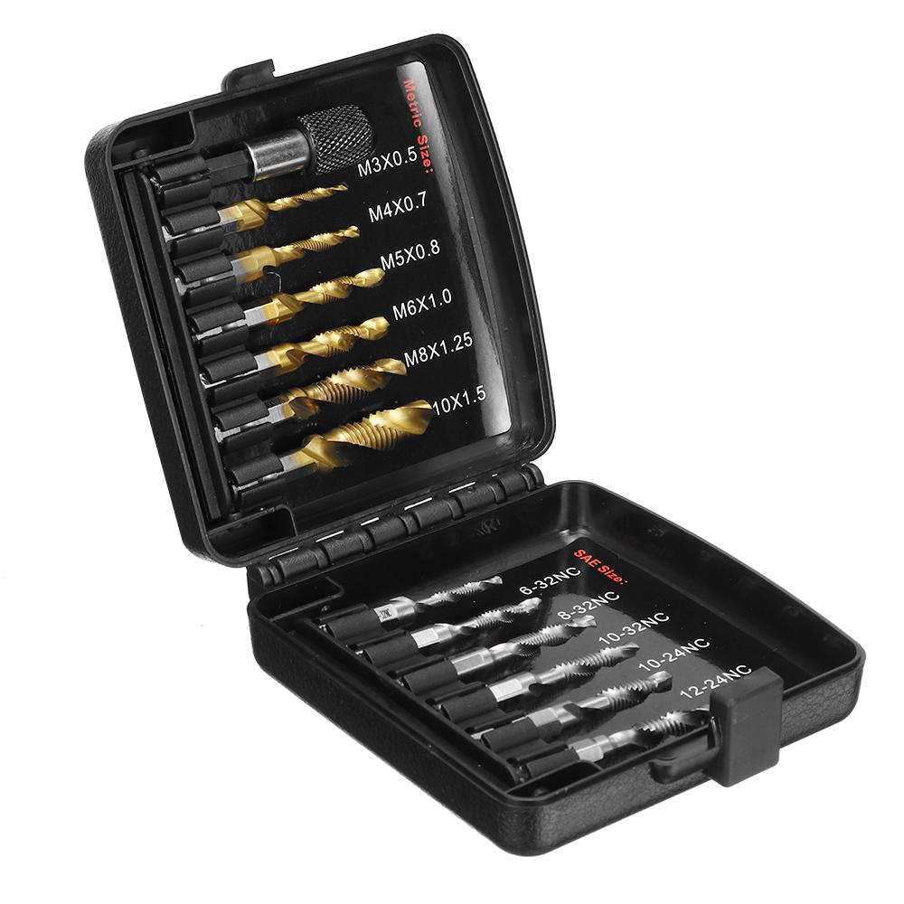 Socoje 13pcs M3-M10 Metric Screw Thread Tap Drill Bits Set Hex Shank Drill Bit Screw Compound Tap Hand Tools with Joint Rod