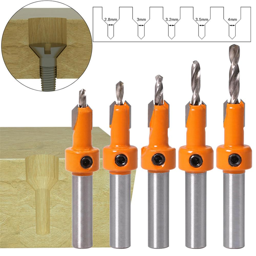 Socoje 5Pcs Carbide Tip 8mm Shank  Woodworking Countersink Router Bit Set Screw Extractor Remon Demolition for Wood Milling Cutter