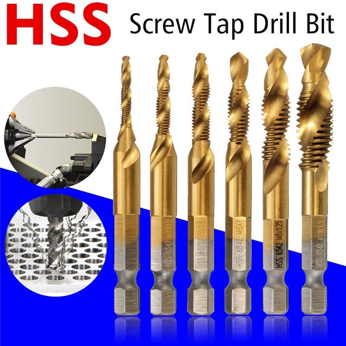 Socoje 6pcs  6542 M3-M10 Combination Drill Titanium Coated Tap Bit Set 1/4 Inch Hexagon Metric Deburr Countersink Bits Screw Thread Metric Tap