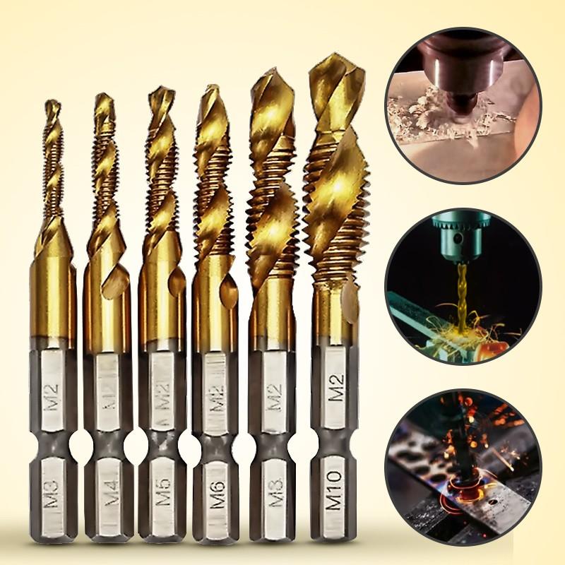 Socoje 6pcs  6542 M3-M10 Combination Drill Titanium Coated Tap Bit Set 1/4 Inch Hexagon Metric Deburr Countersink Bits Screw Thread Metric Tap