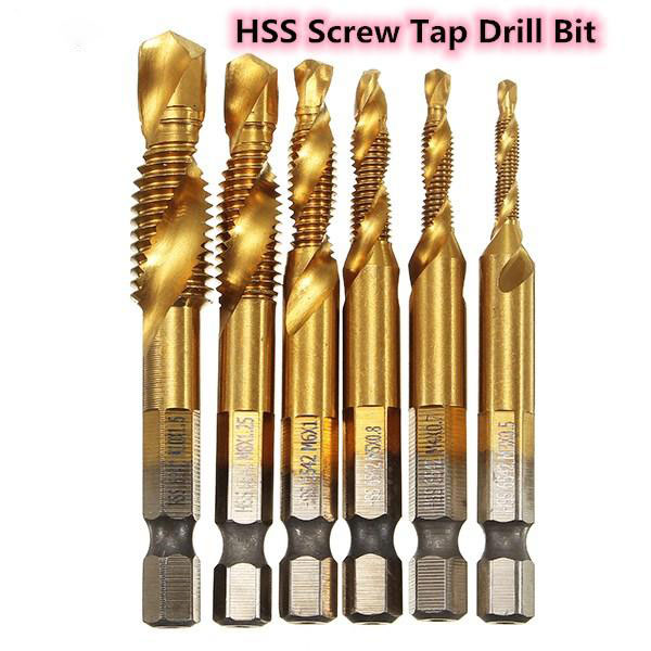 Socoje 6pcs  6542 M3-M10 Combination Drill Titanium Coated Tap Bit Set 1/4 Inch Hexagon Metric Deburr Countersink Bits Screw Thread Metric Tap