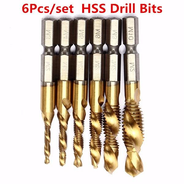 Socoje 6pcs  6542 M3-M10 Combination Drill Titanium Coated Tap Bit Set 1/4 Inch Hexagon Metric Deburr Countersink Bits Screw Thread Metric Tap