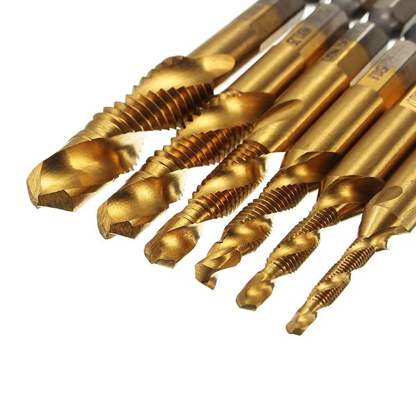Socoje 6pcs  6542 M3-M10 Combination Drill Titanium Coated Tap Bit Set 1/4 Inch Hexagon Metric Deburr Countersink Bits Screw Thread Metric Tap