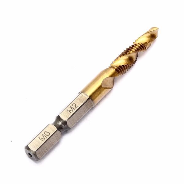 Socoje 6pcs  6542 M3-M10 Combination Drill Titanium Coated Tap Bit Set 1/4 Inch Hexagon Metric Deburr Countersink Bits Screw Thread Metric Tap