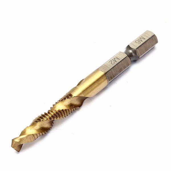 Socoje 6pcs  6542 M3-M10 Combination Drill Titanium Coated Tap Bit Set 1/4 Inch Hexagon Metric Deburr Countersink Bits Screw Thread Metric Tap