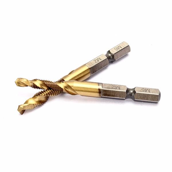 Socoje 6pcs  6542 M3-M10 Combination Drill Titanium Coated Tap Bit Set 1/4 Inch Hexagon Metric Deburr Countersink Bits Screw Thread Metric Tap