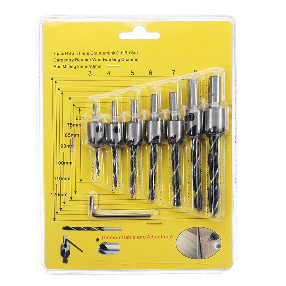 Socoje 7pcs  5 Flute Countersink Drill Bit Set Reamer Woodworking 3-10mm Chamfer Drill Bits