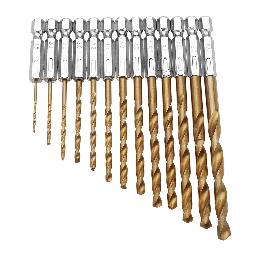 Socoje DB-T2 13pcs 1.5-6.5mm  Titanium Coated 1/4 Inch Hex Shank Twist Drill Bit Set