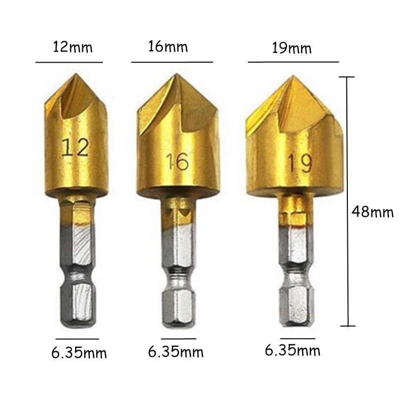Hex Shank 5-blade Chamfer Countersunk Drill Bits Chamfering Knife Countersink Wood Plastics PVC Woodworking Hole Saw Kit Tool