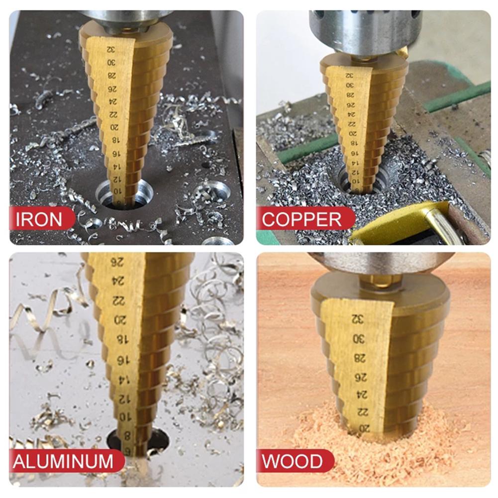 6PCs  Step Drill Bit Sets Straight Titanium Coated Cone Hole Cutter Automatic Center Punch Spiral Twist Saw Drill Bit