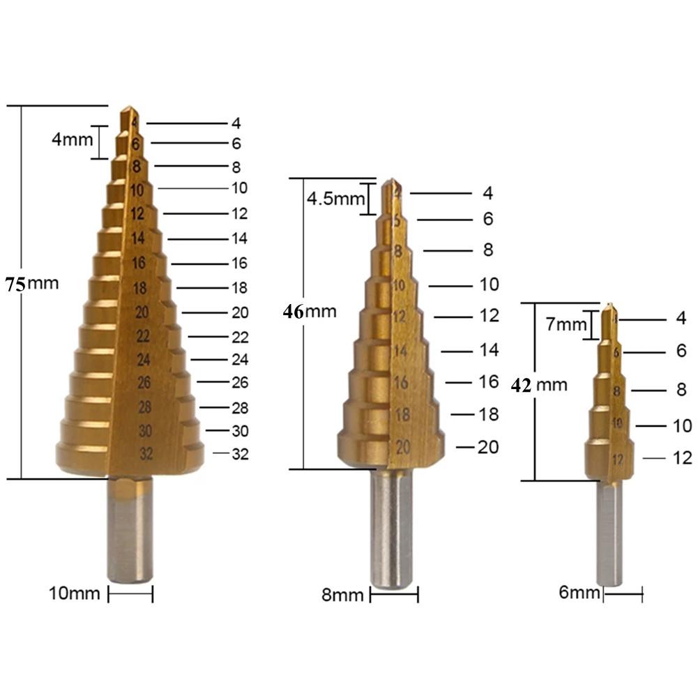 6PCs  Step Drill Bit Sets Straight Titanium Coated Cone Hole Cutter Automatic Center Punch Spiral Twist Saw Drill Bit