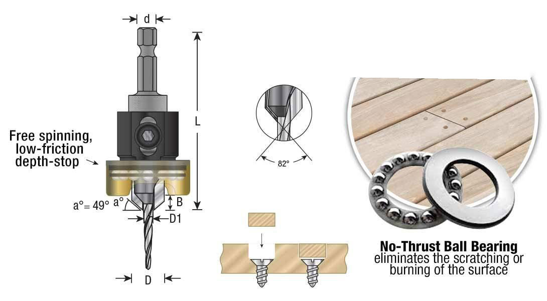 82 Degree Carbide Tipped Woodworking Countersink Drill Bits with Adjustable Depth Stop No Thrust Ball Bearing