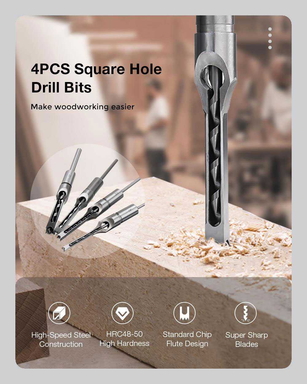 Socoje 4pcs Square Hole Drill Bits Woodworking Auger Mortising Chisel Set Kit 1/4 to 1/2 Inch Tool Set