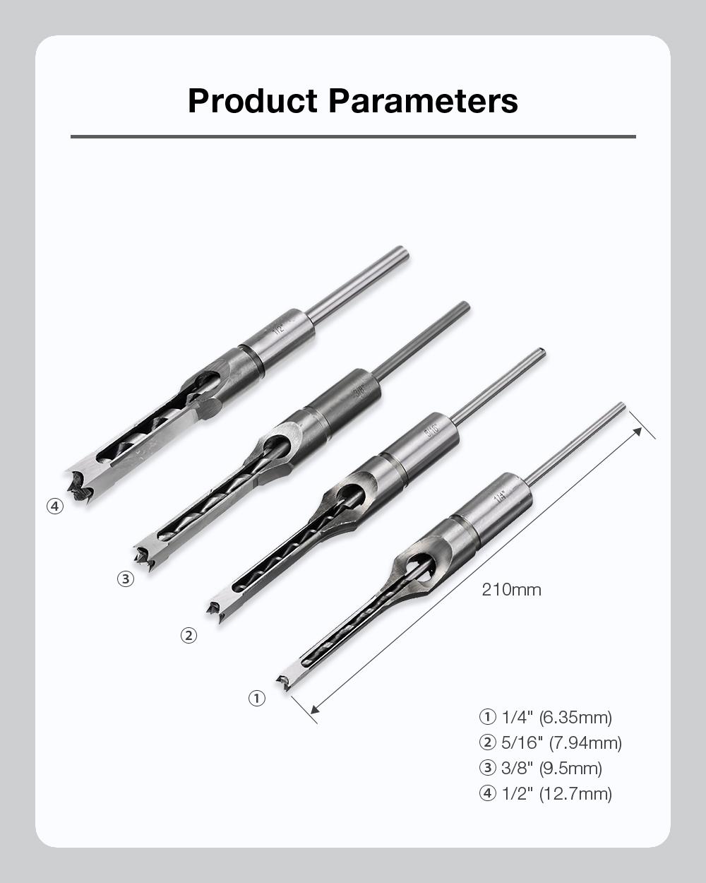 Socoje 4pcs Square Hole Drill Bits Woodworking Auger Mortising Chisel Set Kit 1/4 to 1/2 Inch Tool Set